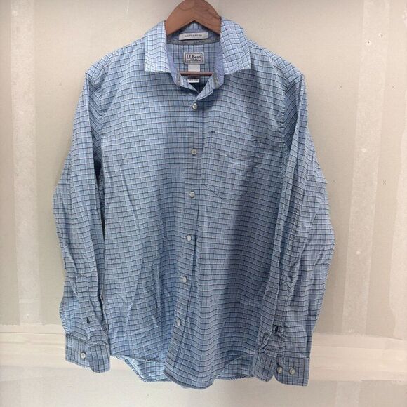 LL Bean Button Shirt Mens Large Tall Blue Plaid Slightly Fitted M Coolmax EUC - Picture 1 of 6